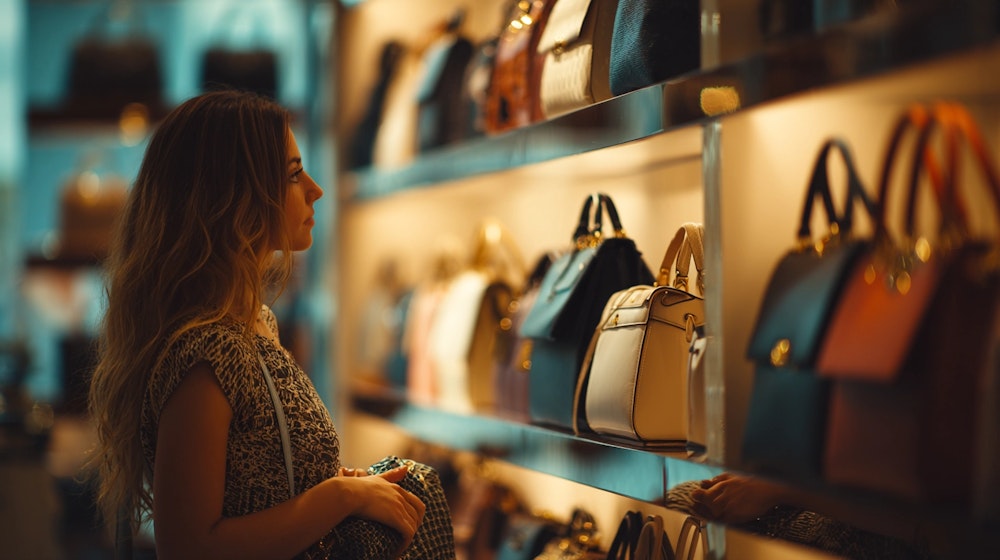 Young woman browsing handbags on illuminated shelves in a luxury retail store – mystery shopping customer experience