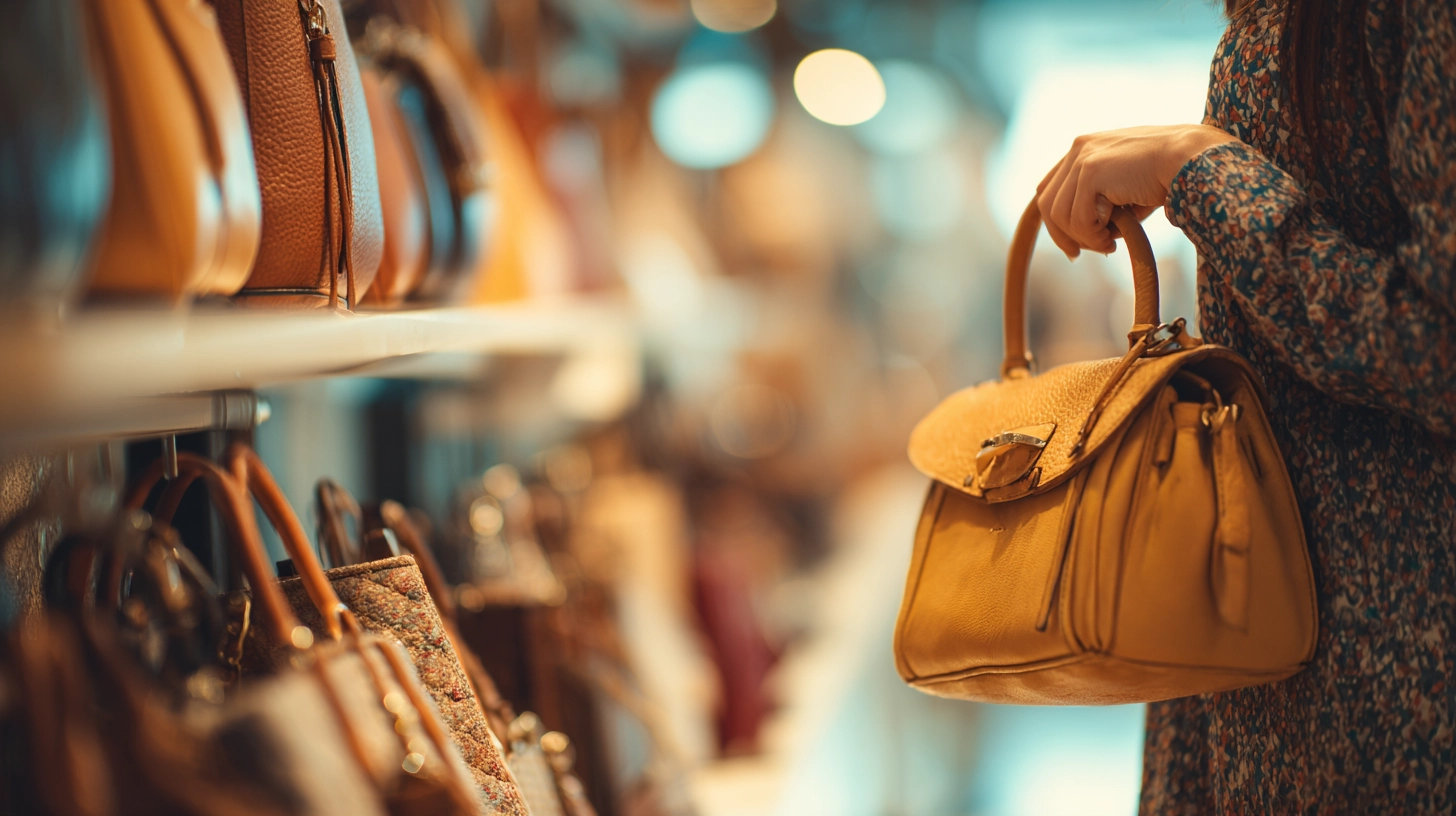 Close-up of woman holding a mustard leather handbag beside store display shelves – in-store shopping experience research