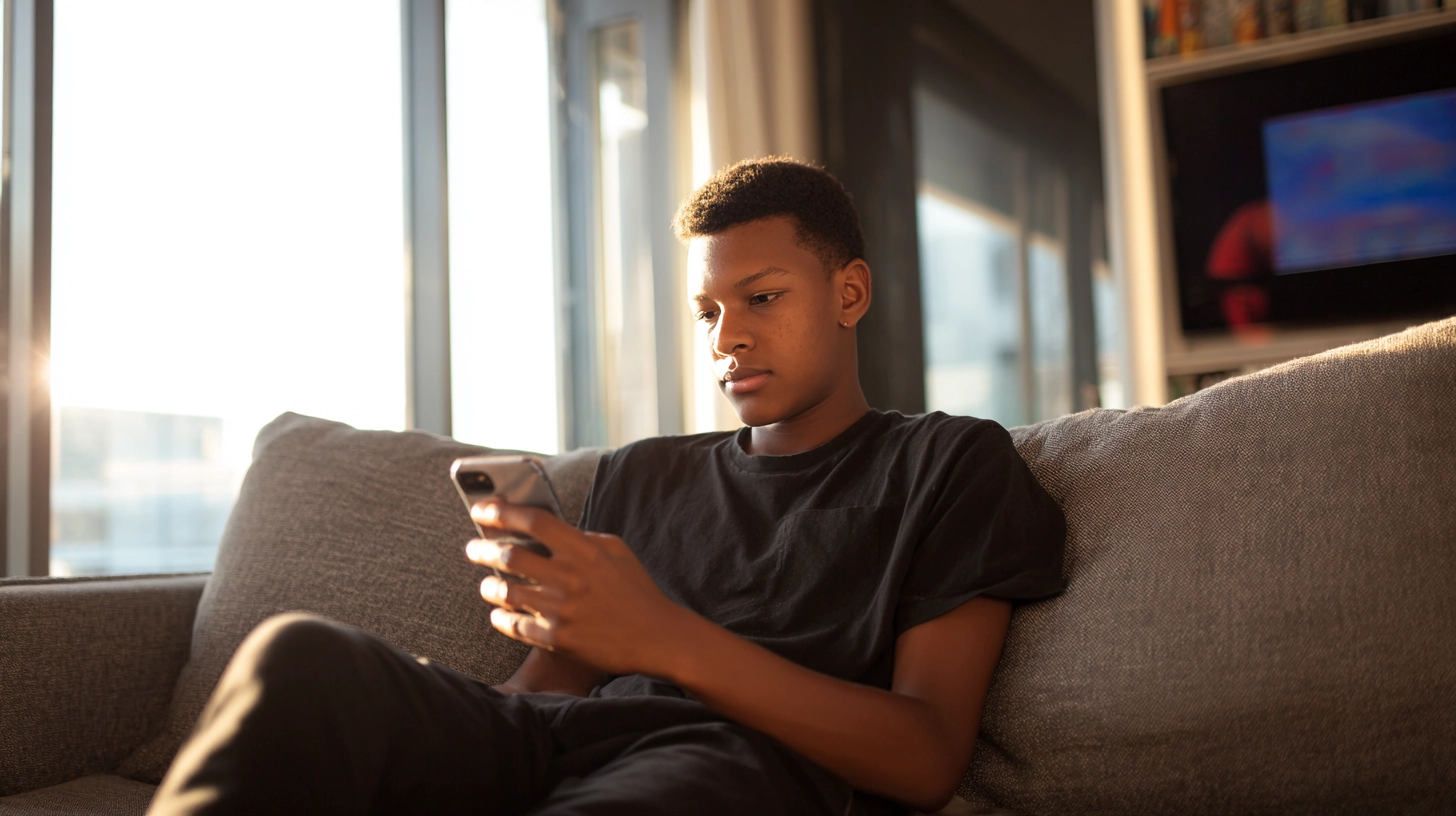 Teenager using smartphone on sofa with TV in background — in-home ethnographic research on teen streaming habits