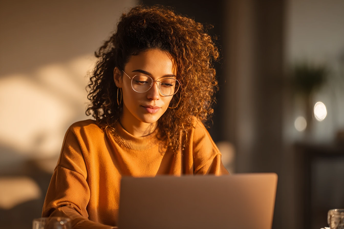 Woman using MacBook in warm natural light — Mac purchase UX research case study