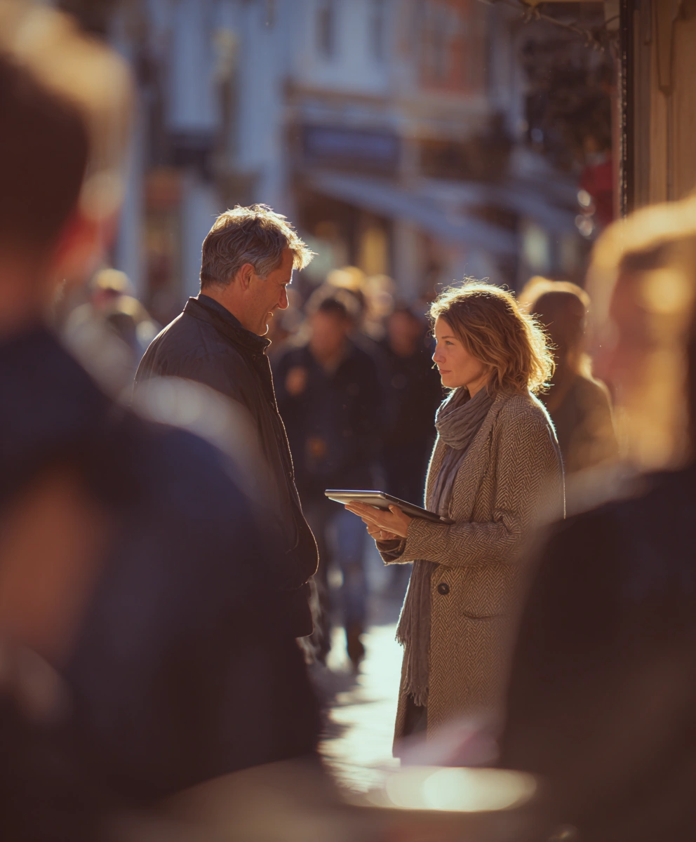 Market researcher with tablet conducting a customer intercept conversation with a man on a busy London street in warm evening light
