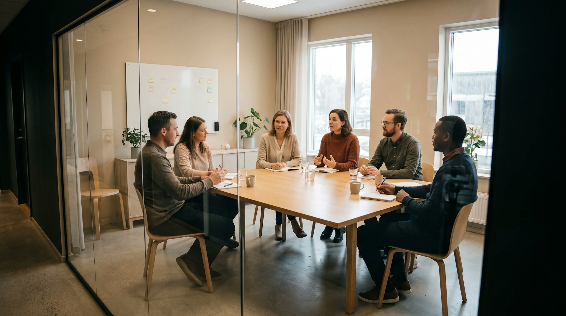 Focus group discussion seen through the glass of a research facility, six participants around a table as one speaks