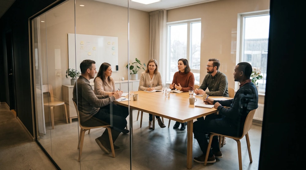 Focus group discussion seen through the glass of a research facility, six participants around a table as one speaks