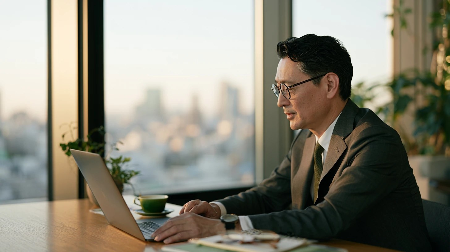 Senior investment executive working at a laptop in a warm corner office overlooking the Tokyo skyline at golden hour