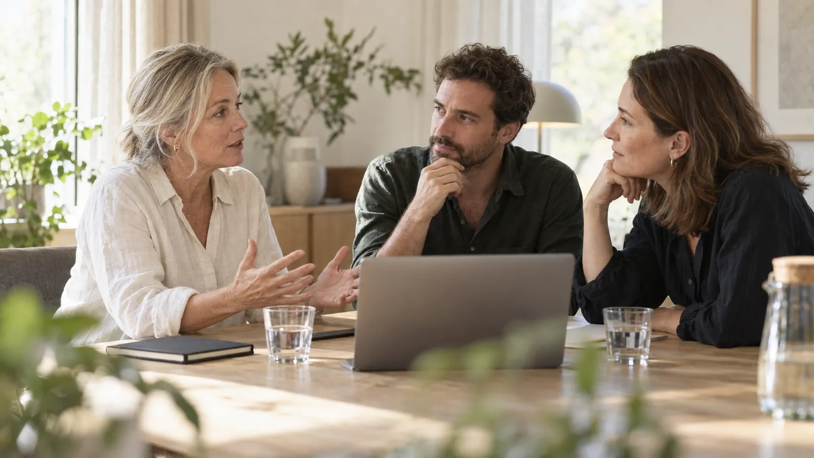 Illustration of a client discussing a research brief with two researchers