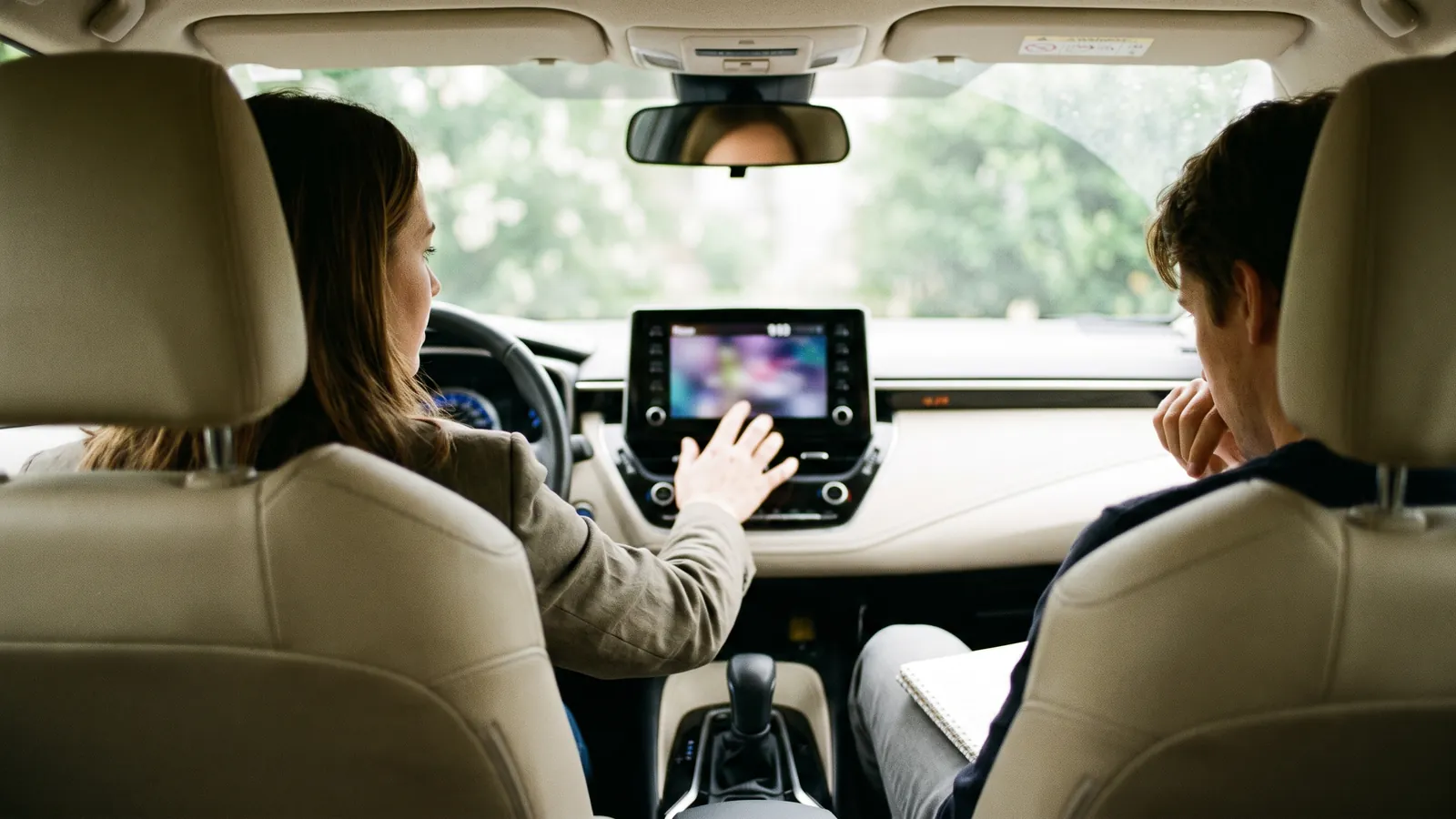 Illustration of a driver testing an infotainment screen with a moderator in the passenger seat