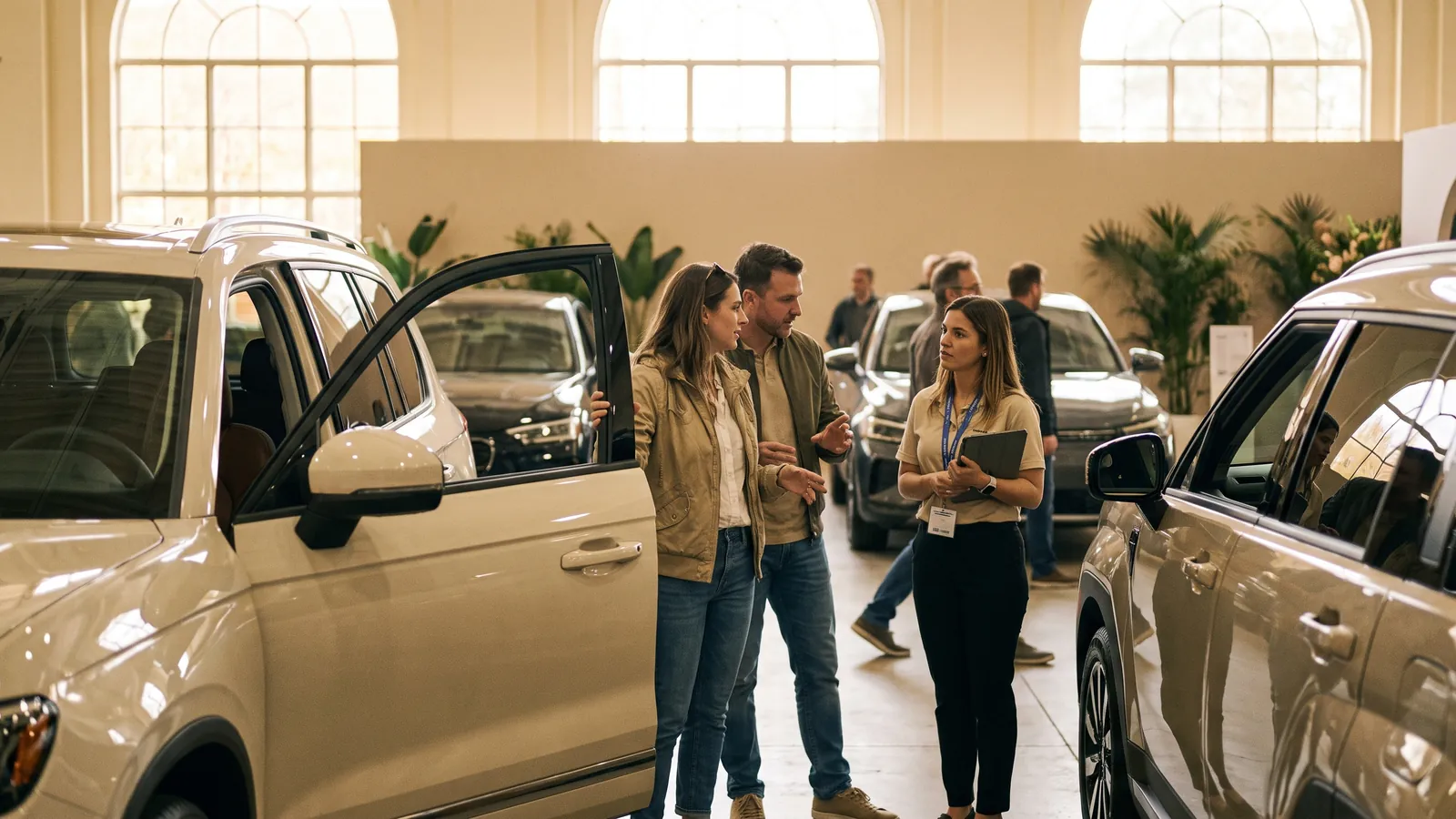 Illustration of intenders walking around unbadged cars at a static clinic