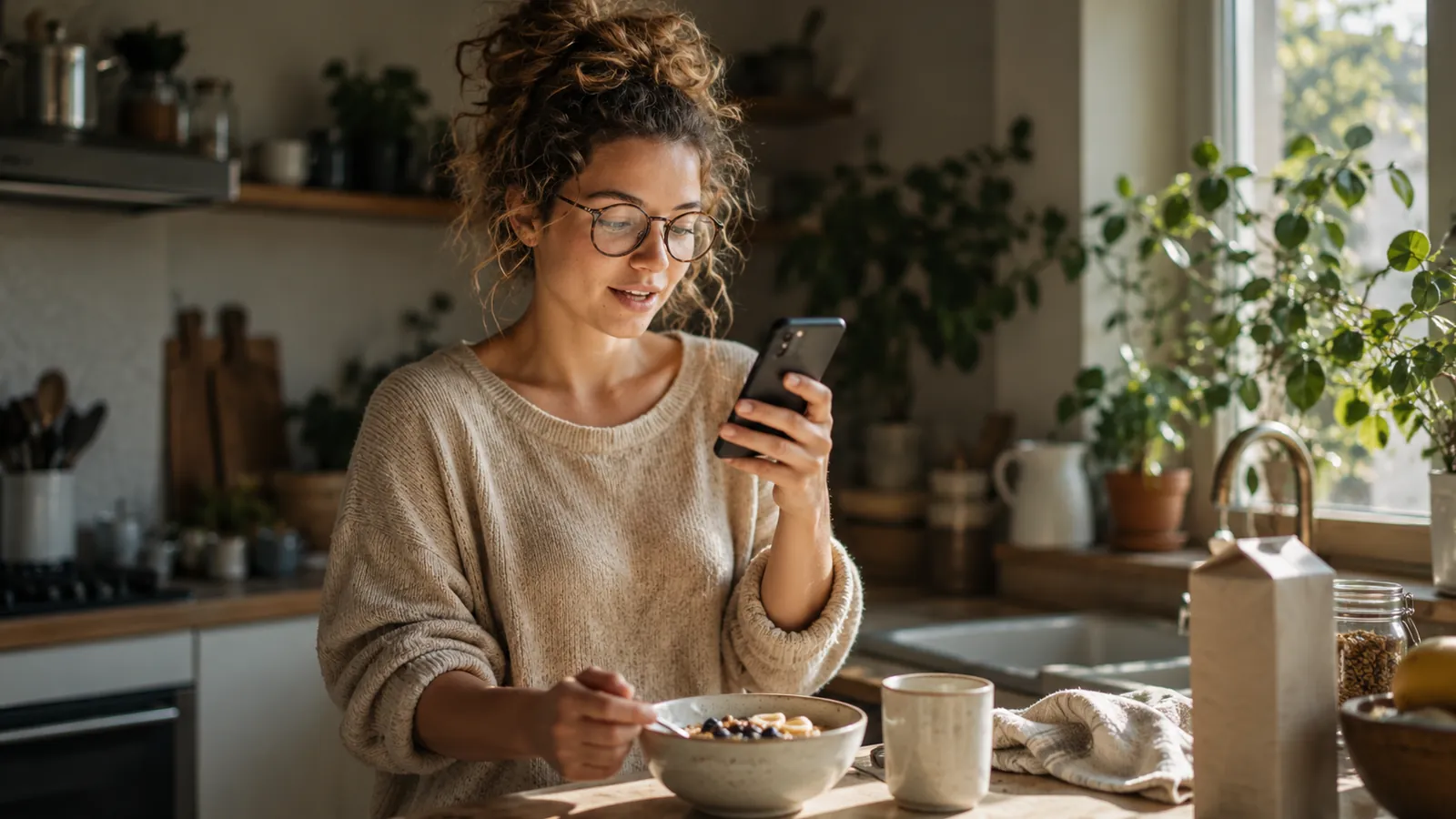 Illustration of a participant recording a morning diary entry on her phone