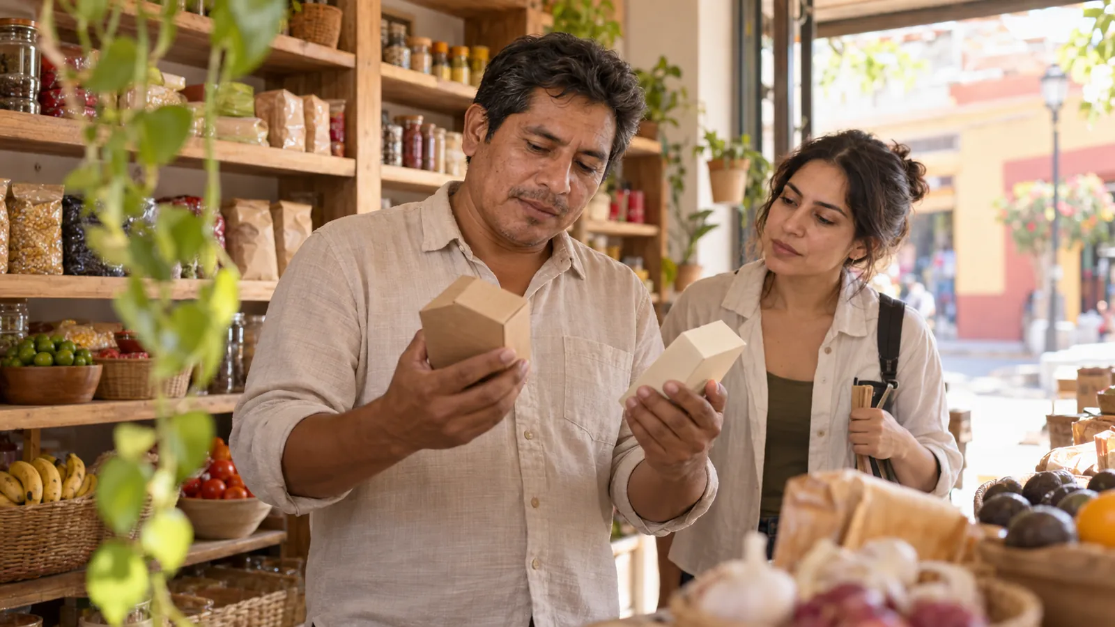 Illustration of a shopper discussing a choice in a neighbourhood shop