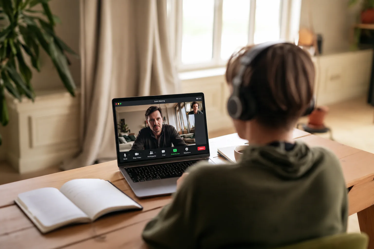 A moderator with headphones taking notes during an in-depth interview conducted over a video call