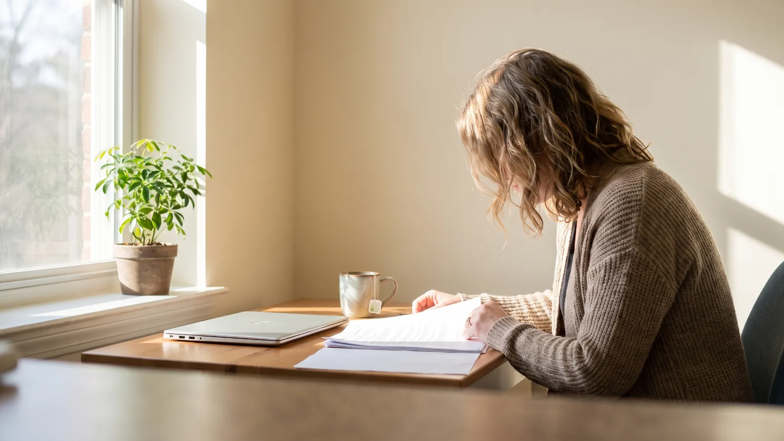 A brand director reads a research quote at a sunlit desk, a plant on the windowsill