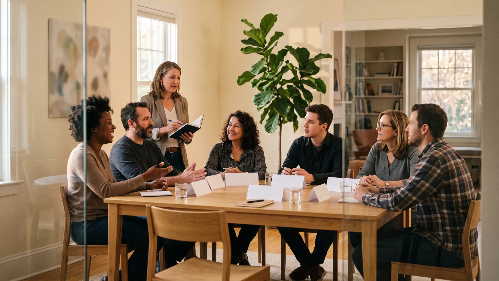 Six participants and a moderator around a table in a bright focus group room, seen through glass