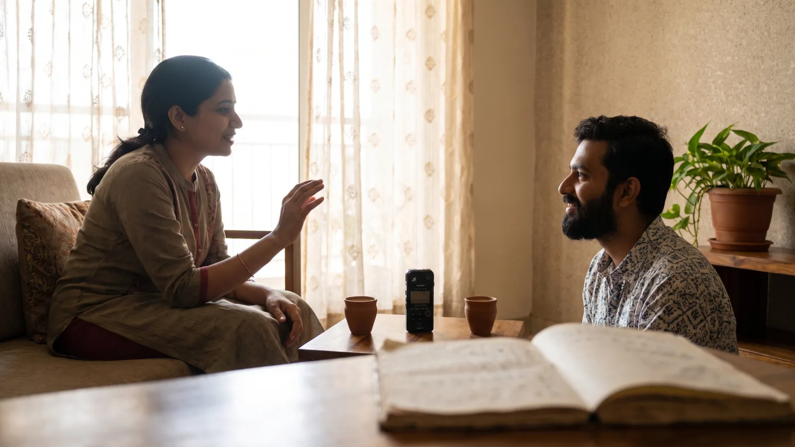 A moderator listens to a participant over tea in a bright apartment