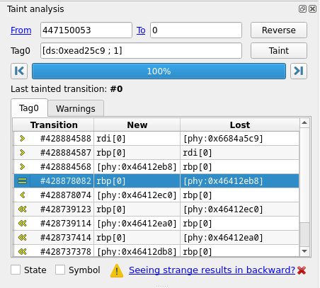 Image 3: esReverse's Taint analysis window