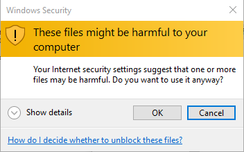 Image 1: Security warning when drag-and-dropping a file from a network folder
