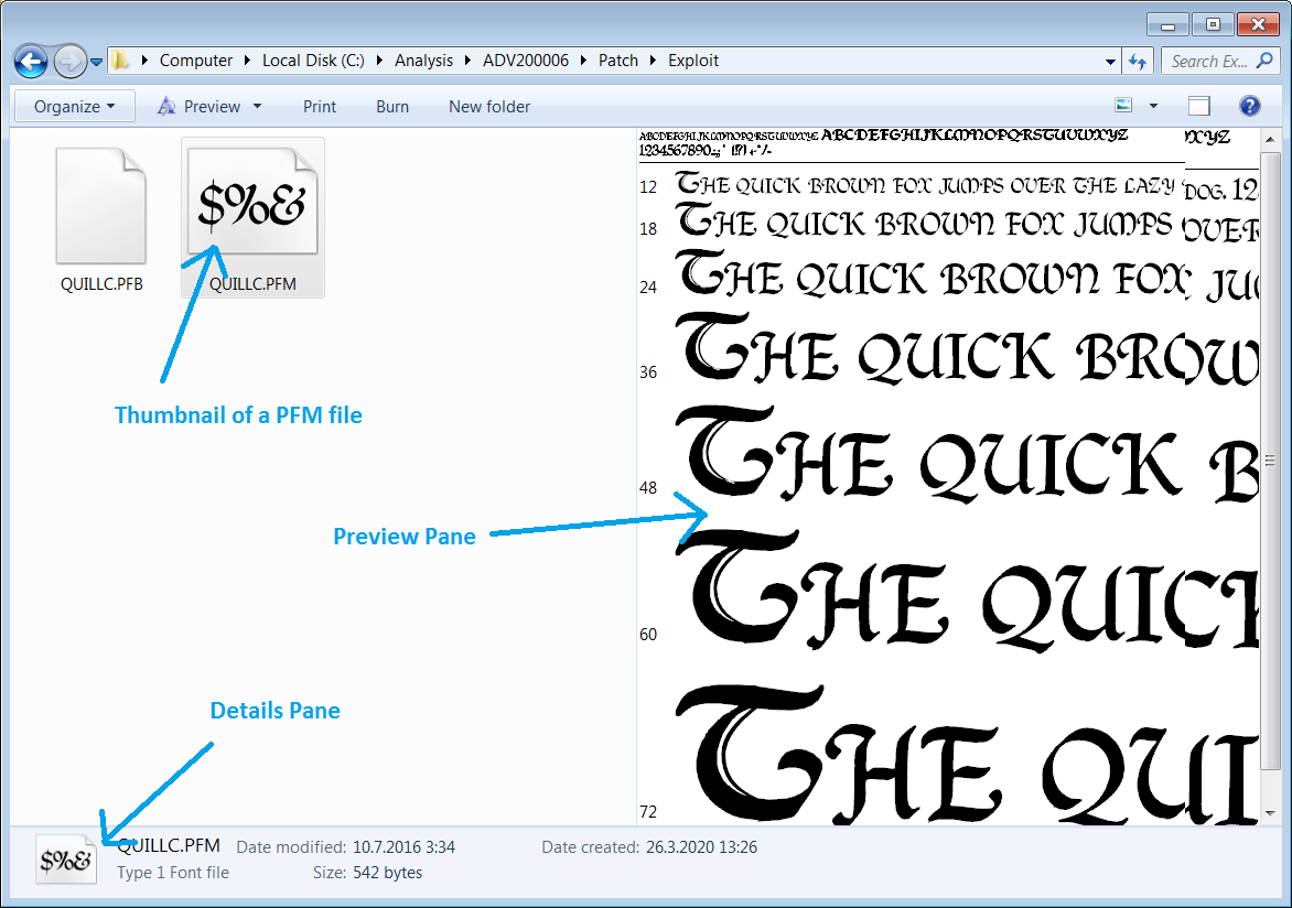 Windows Explorer on Windows 7 showing a font file's glyphs in the thumbnail and in both Preview and Details Panes. All three require sending the font to the kernel and having it rendered there.