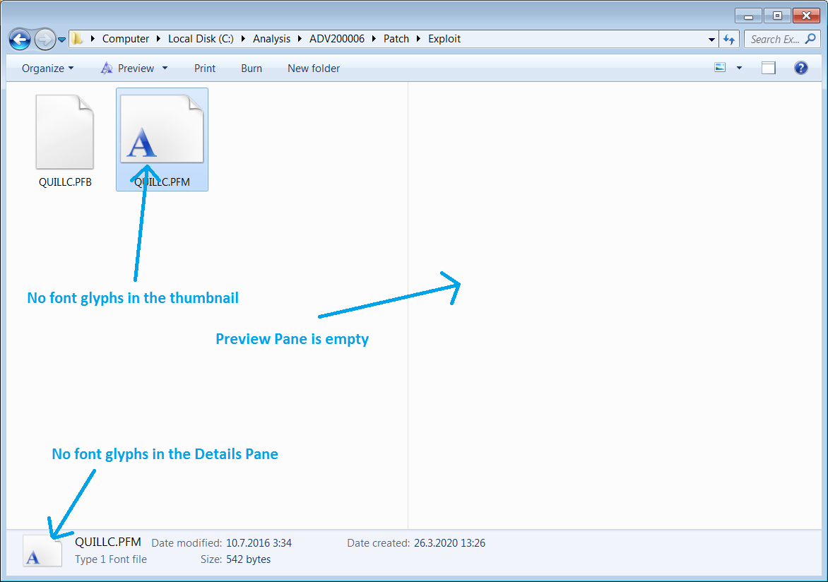 With our micropatch in place, Windows Explorer no longer shows glyphs from Adobe Type 1 PostScript fonts in thumbnails or in Preview or Details Pane.