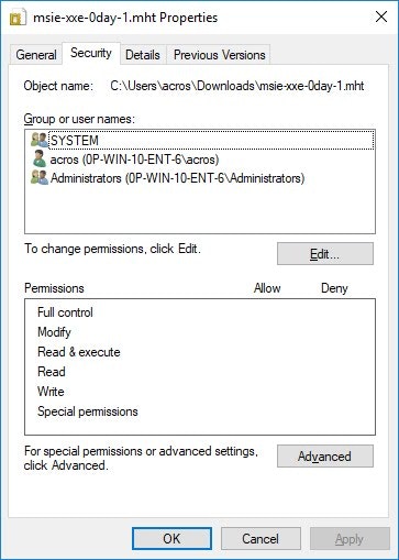 Permissions on the file downloaded with Internet Explorer