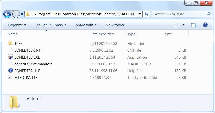Office 2010: Content of the EQUATION folder before the update