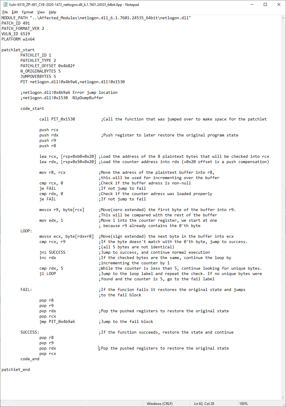 The source code of our Zerologon micropatch for Windows Server 2008 R2