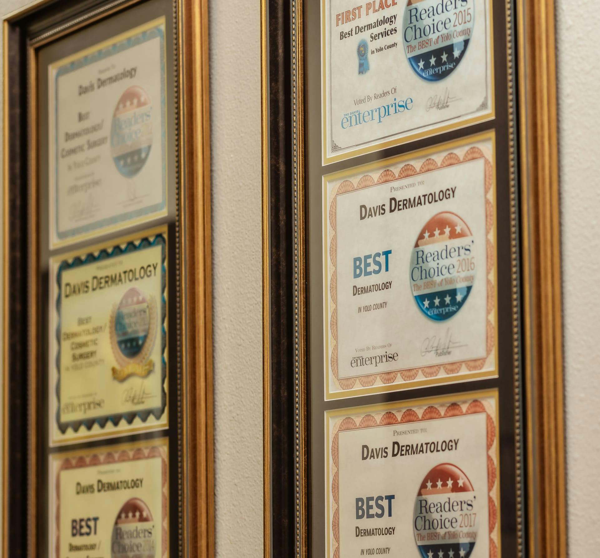 awards on a wall