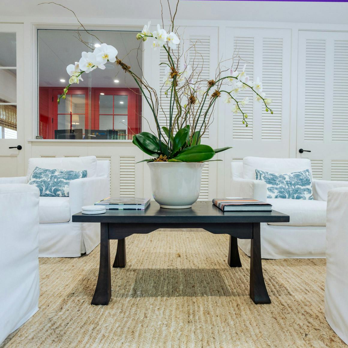 coffee table with a big potted flower and books on it