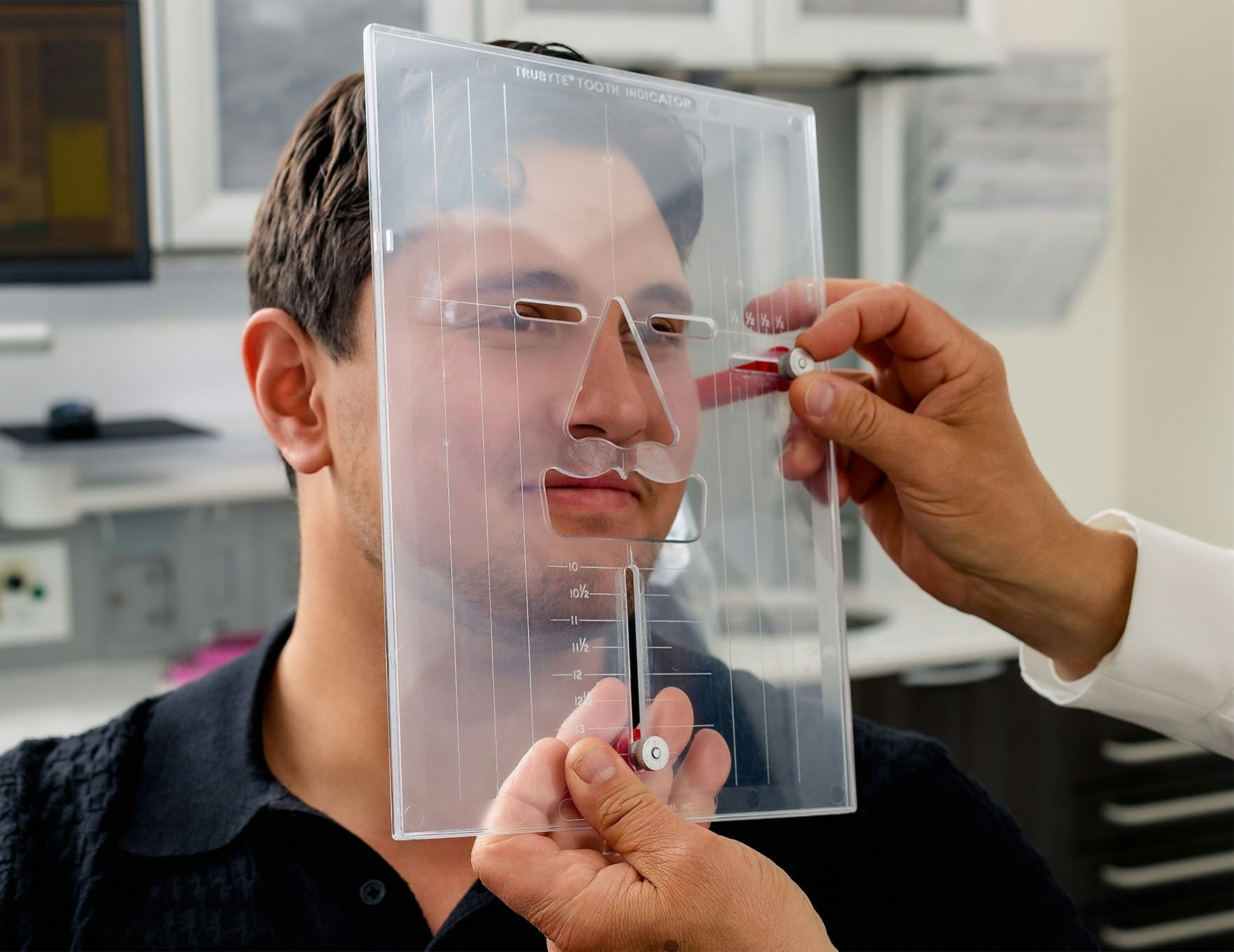 male patient with stencil over his face