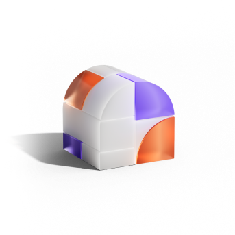 3D illustration of a rounded cube made of interlocking orange, purple, and white blocks on a transparent background