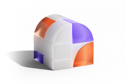 3D illustration of a rounded cube made of interlocking orange, purple, and white blocks on a transparent background