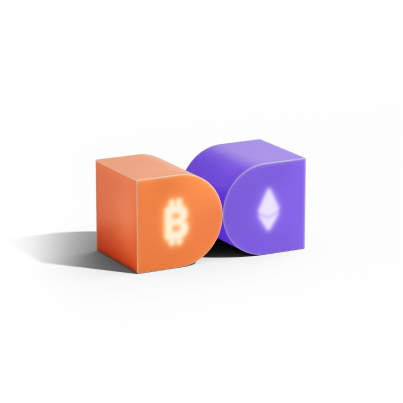 3D illustration of two blocks, one orange with Bitcoin symbol and one purple with Ethereum symbol, side by side