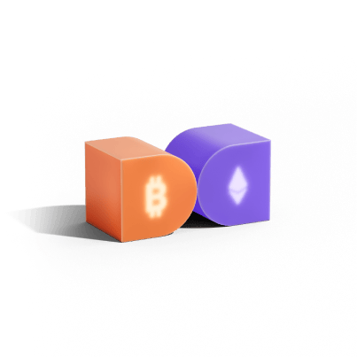 3D illustration of two blocks, one orange with Bitcoin symbol and one purple with Ethereum symbol, side by side