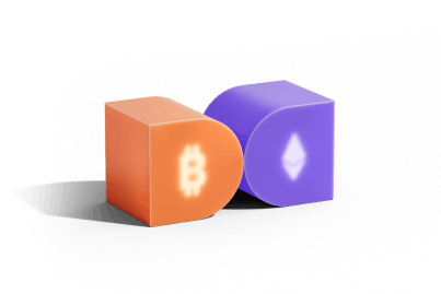 EIn Bitcoin Symbol und ein Ether Symbol das sich gegenüberstehen