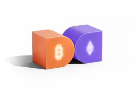 3D illustration of two blocks, one orange with Bitcoin symbol and one purple with Ethereum symbol, side by side