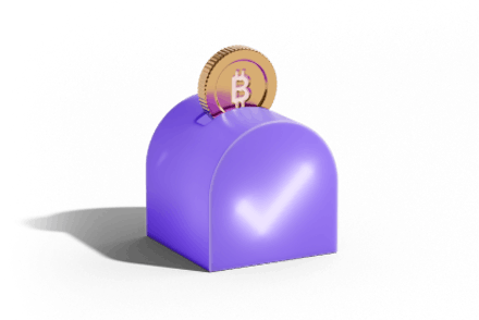 3D illustration of a golden Bitcoin coin being inserted into a smooth purple savings box on a transparent background
