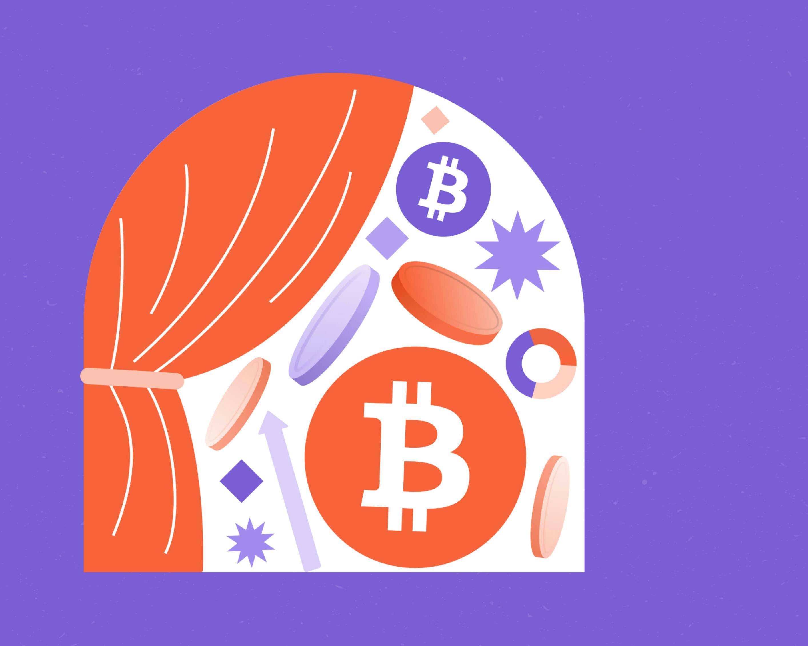 Illustration showing a Bitcoin symbol and digital coins behind an orange curtain on a purple background
