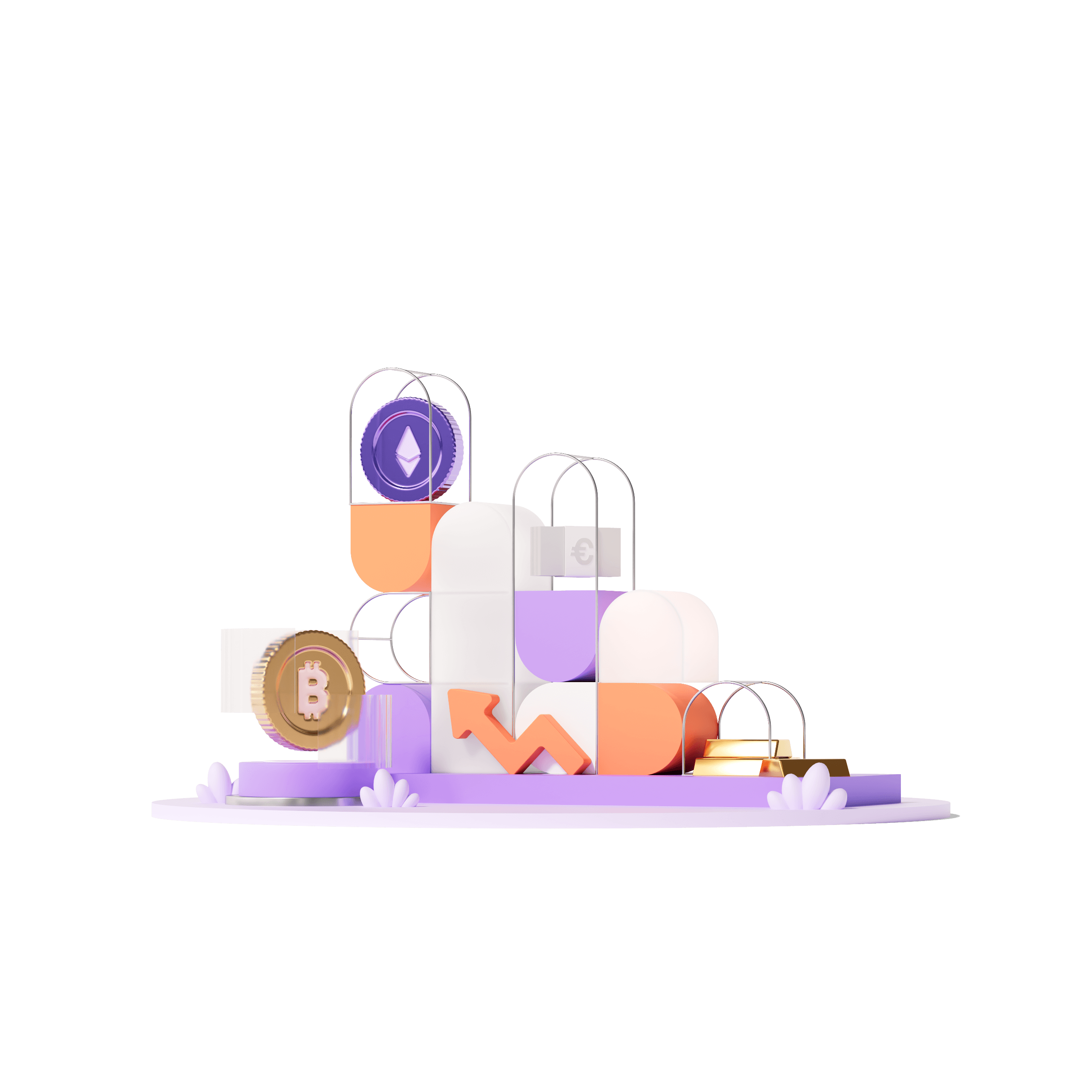 3D rendering featuring Bitcoin and Ethereum coins in a colorful modern Cryptonow design with arrow symbols