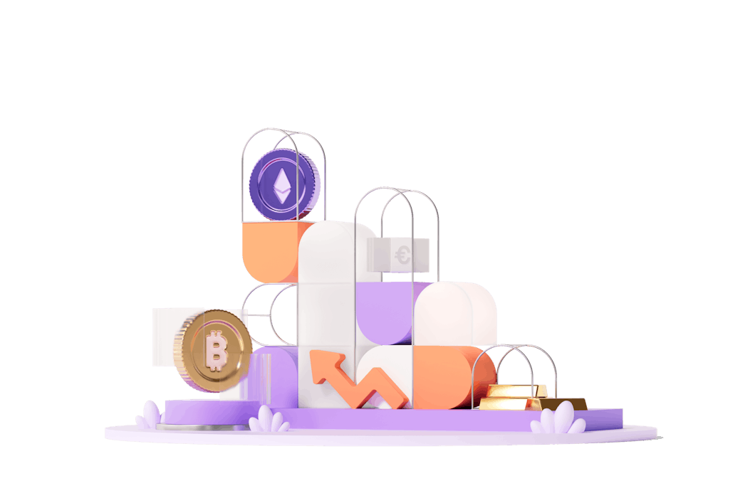 3D rendering featuring Bitcoin and Ethereum coins in a colorful modern Cryptonow design with arrow symbols