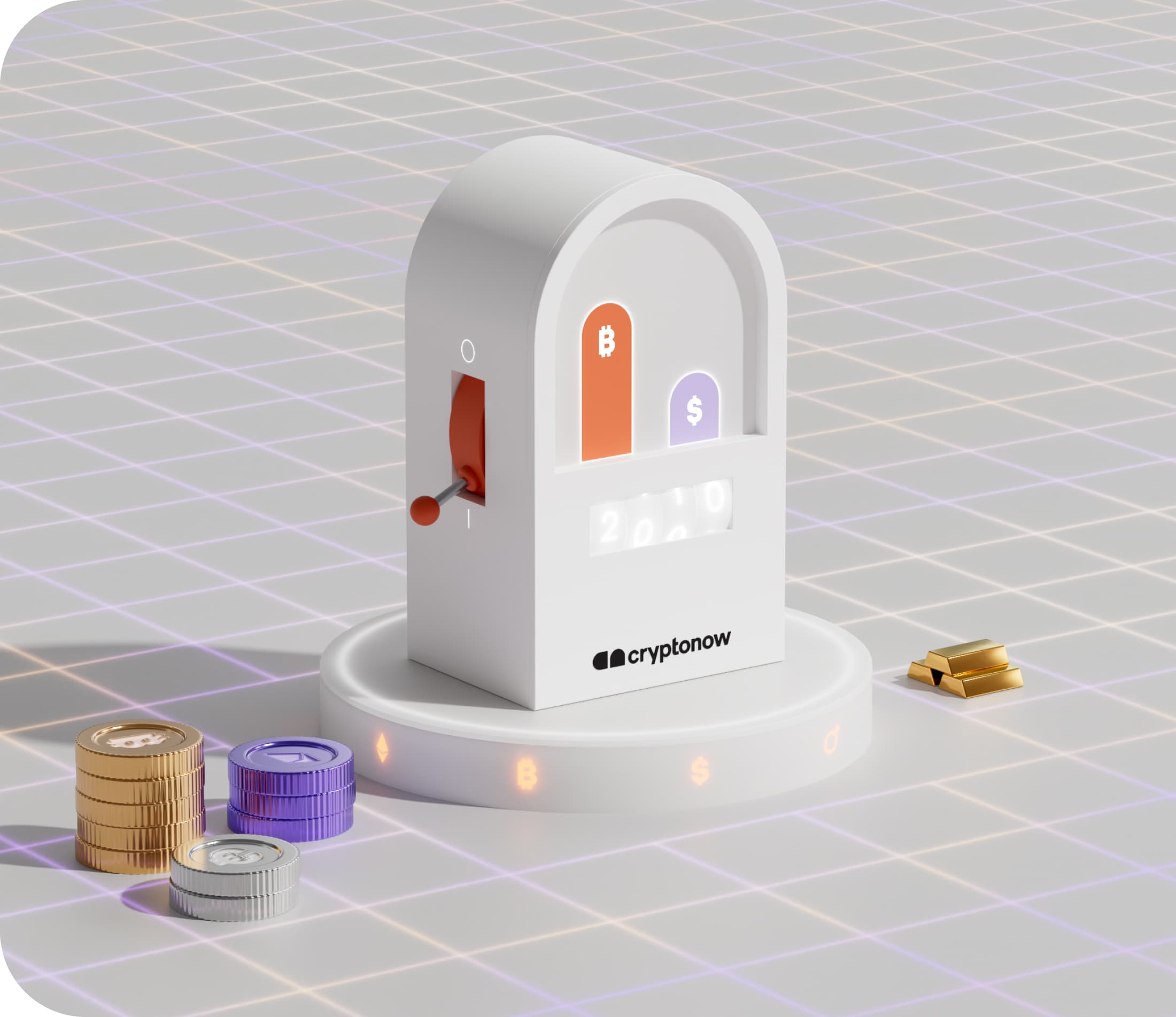 3D illustration of a Cryptonow device with Bitcoin and Dollar symbols surrounded by coins and gold bars