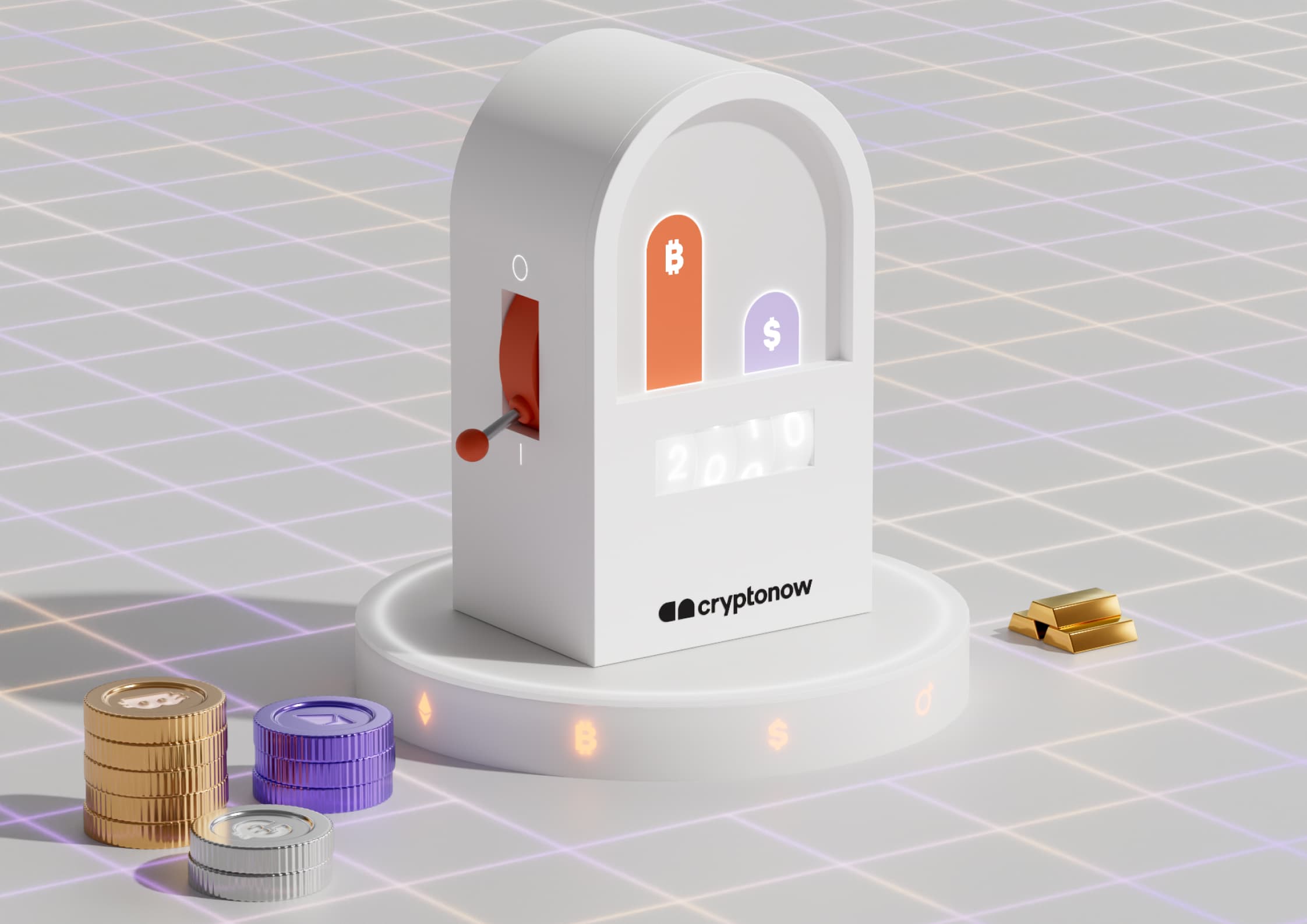 3D illustration of a Cryptonow device with Bitcoin and Dollar icons, surrounded by digital coins and gold bars