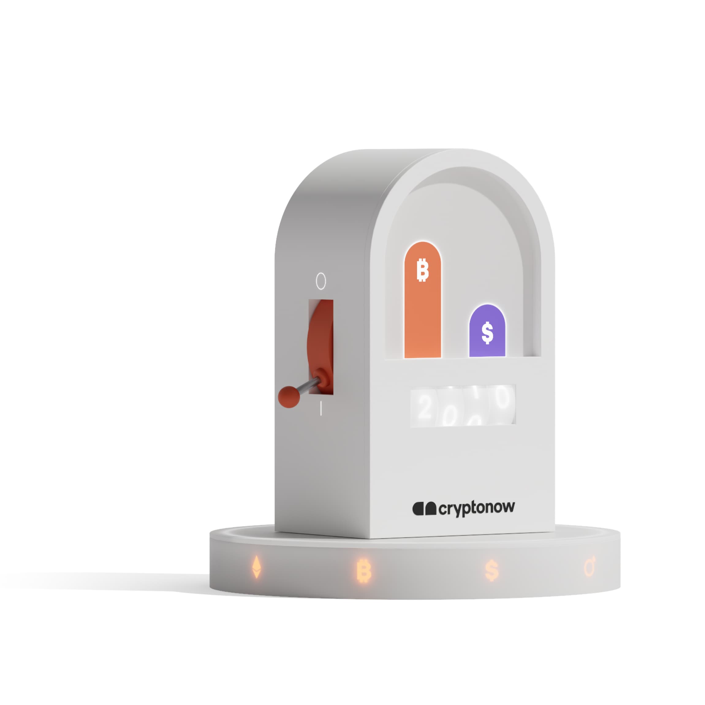 3D illustration of a Cryptonow device featuring Bitcoin and Dollar symbols representing digital currency exchange
