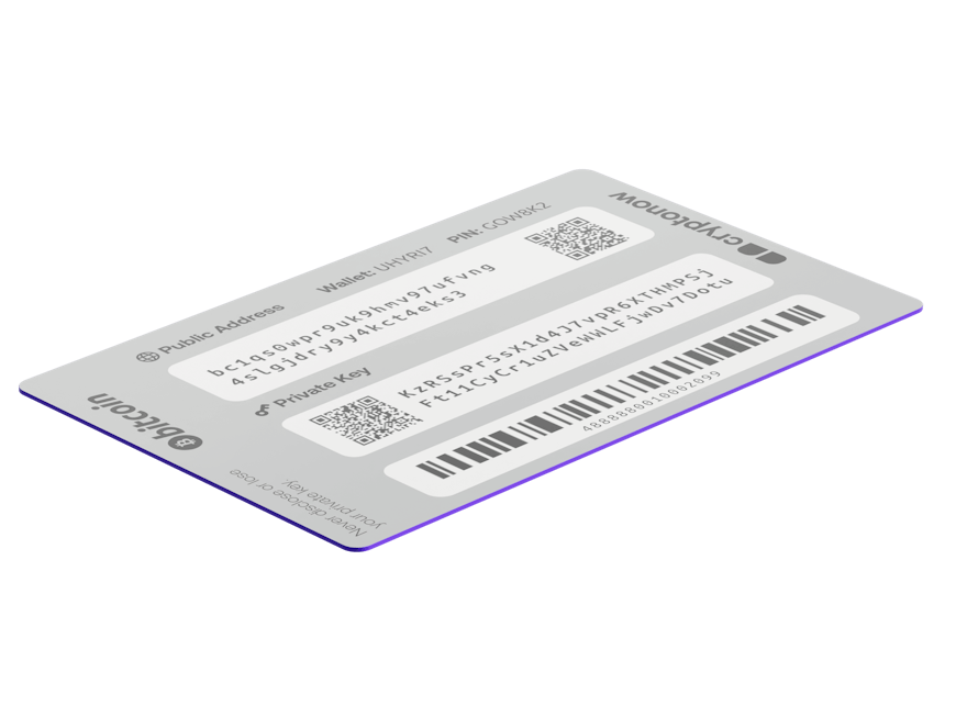 The reverse side of a Cryptonow Bitcoin wallet card showing public address, private key, QR codes, and barcode on a transparent background