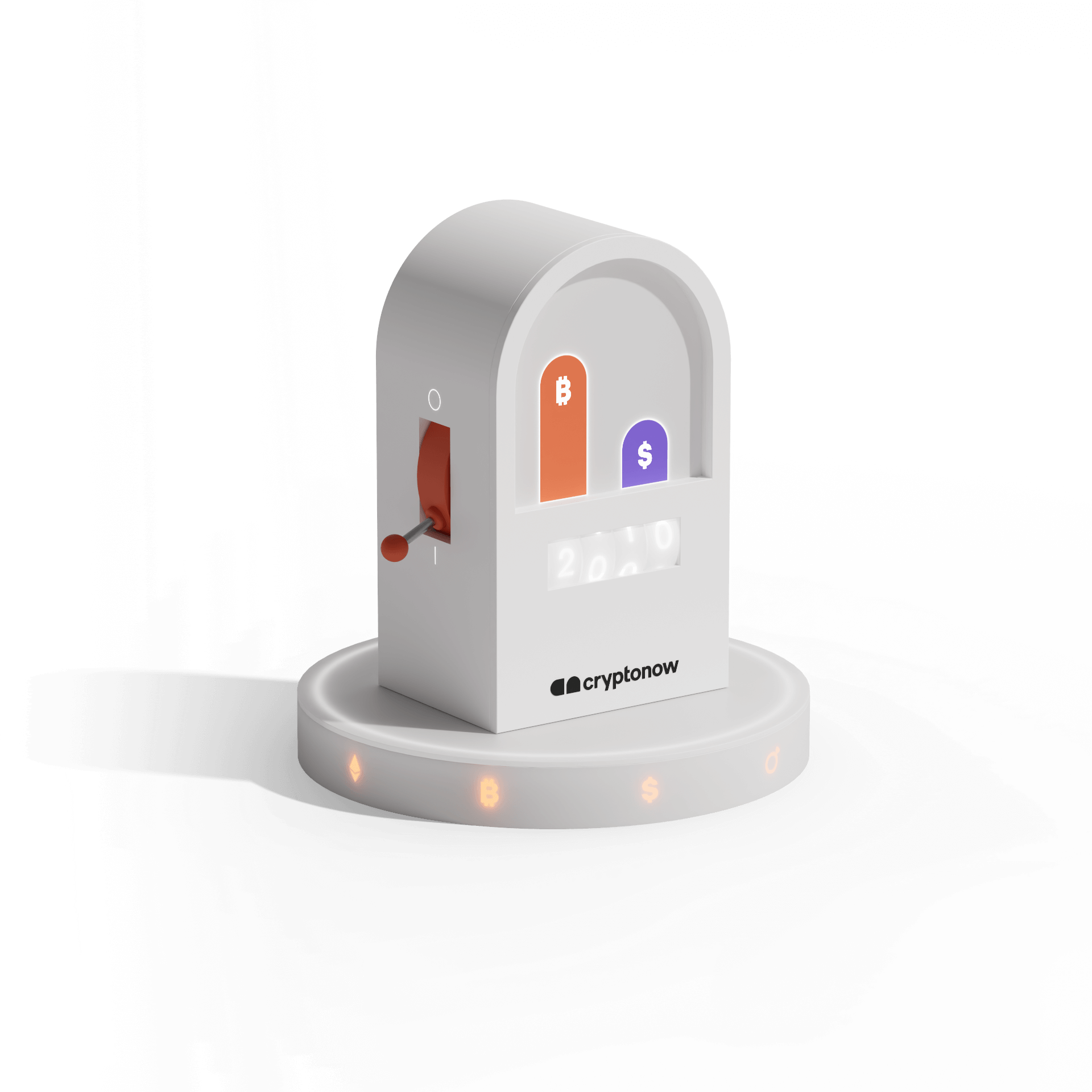 Minimalist 3D rendering of a Cryptonow device showing Bitcoin and Dollar symbols, symbolizing digital finance