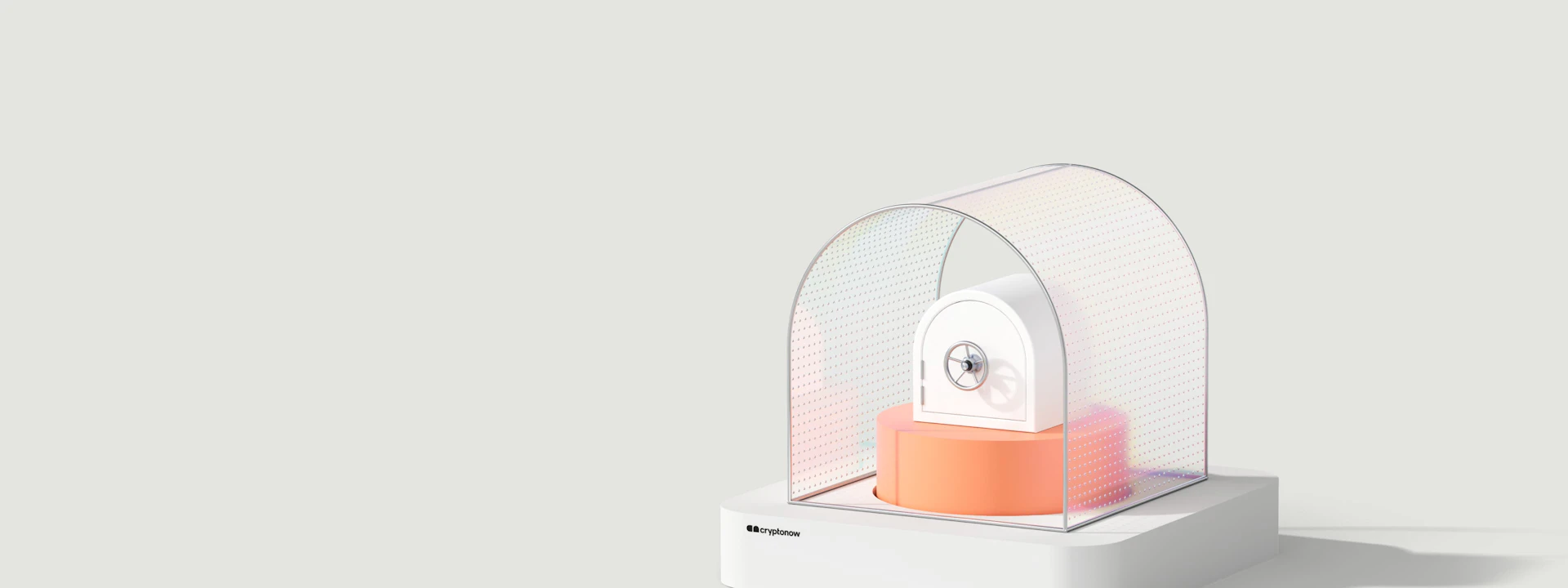 3D illustration of a white digital vault under a transparent dome on an orange base featuring the Cryptonow logo