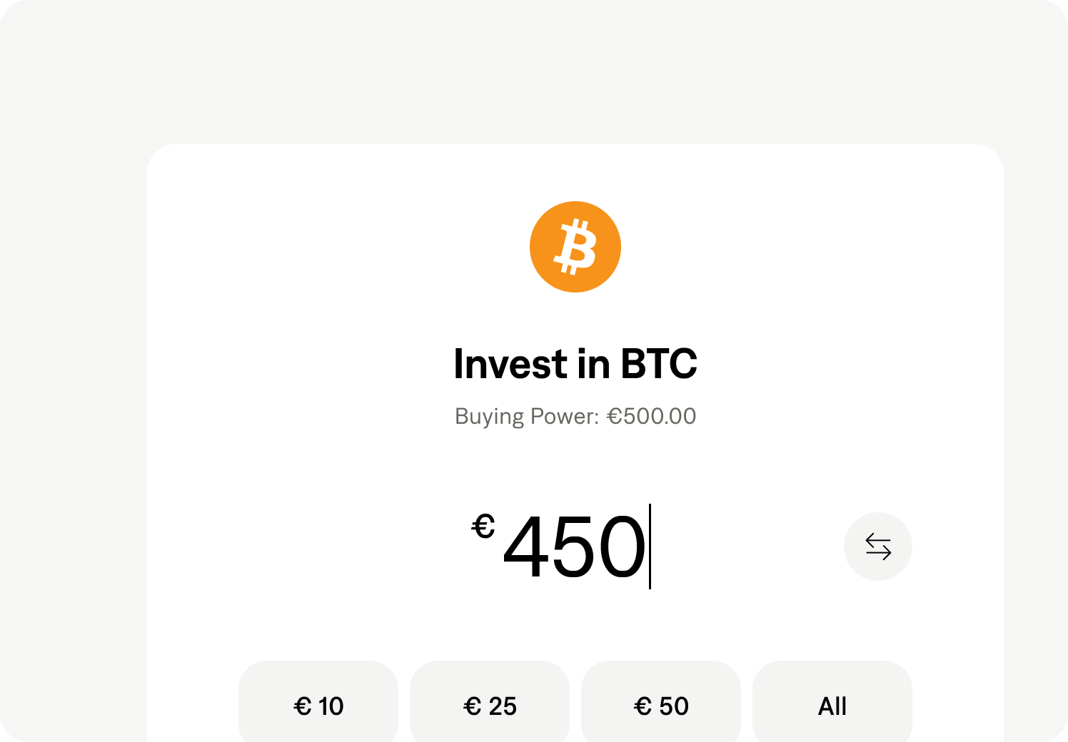 User interface for Bitcoin investment showing a purchase amount of €450 and selectable options