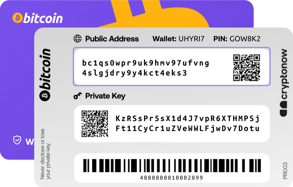 Detailed view of a Cryptonow Bitcoin wallet card showing public address, private key, and wallet information