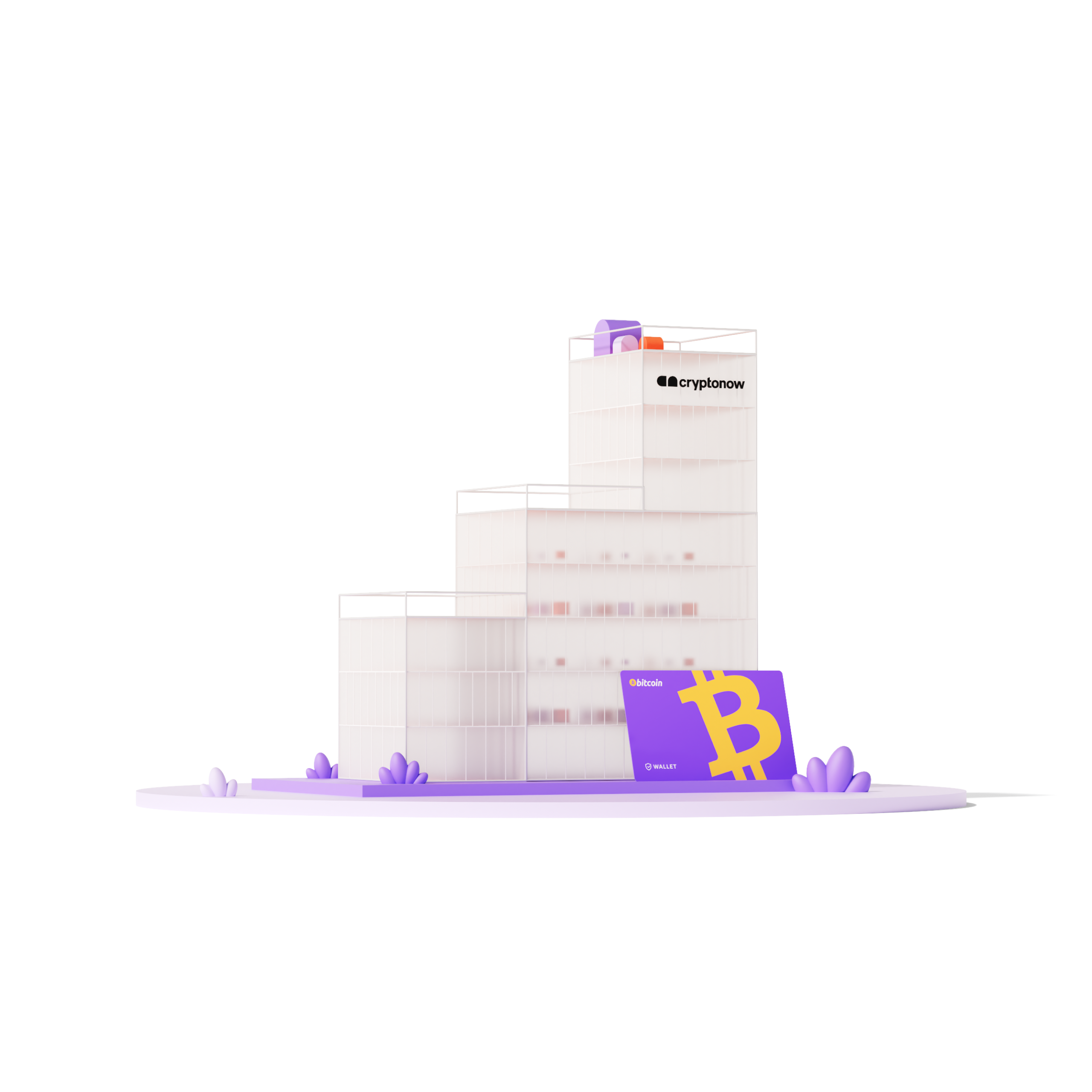 3D illustration of a modern building with the Cryptonow logo and a purple Bitcoin card in the foreground