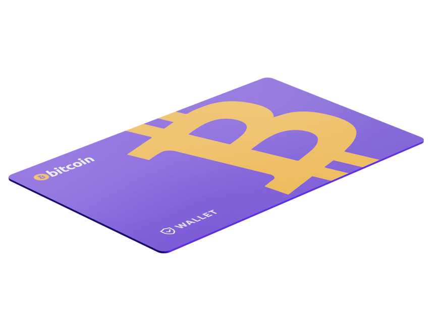 A purple Bitcoin card featuring a large yellow Bitcoin logo and the word Wallet printed on it, isolated on a transparent background