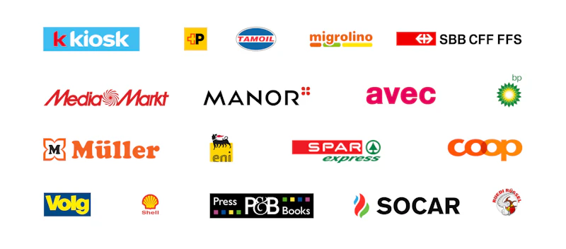 Logo-Übersicht mit allen Verkaufsstellen die Cryptonow in der Schweiz verkaufen