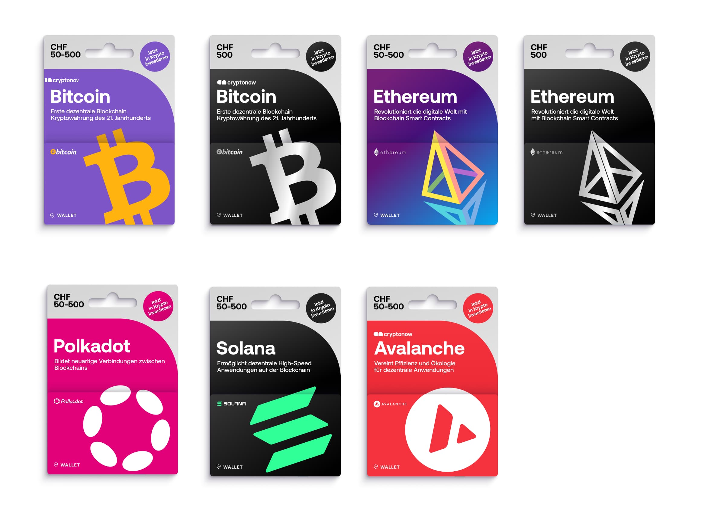 Verfügbare Währungen der Cryptonow Gutscheinkarte: Bitcoin, Ethereum, Avalanche, Polkadot, Solana
