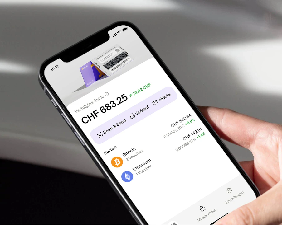 A person holding an iPhone and tracking cryptocurrency prices on the wallet app